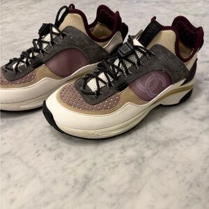 CHANEL Cream, Purple, and Burgundy Sneakers